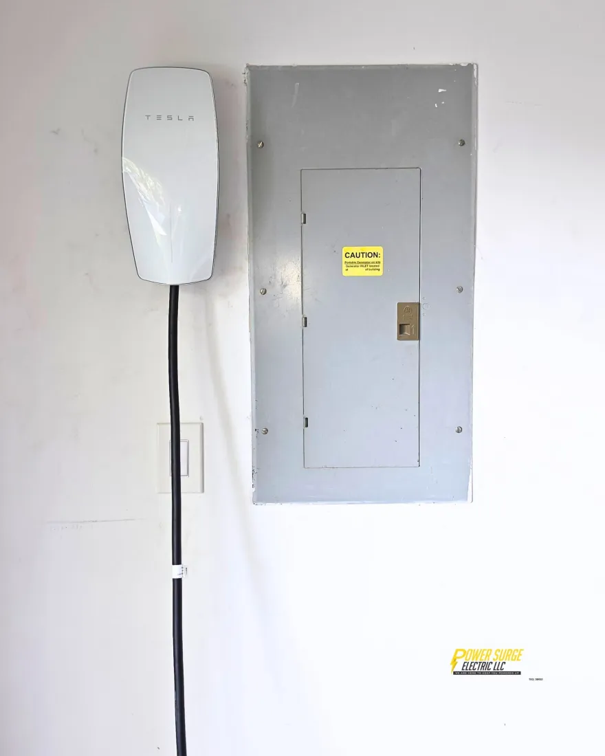 Tesla Wall Connector mounted beside home electrical panel by Power Surge Electric.