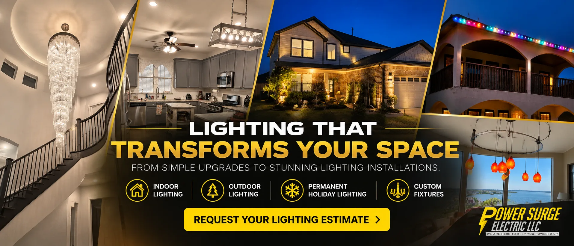 Lighting installations by Power Surge Electric: a crystal chandelier over a curved staircase, kitchen fixtures, landscape lighting on a two-story home, permanent color-changing roofline lights and orange pendant lights.