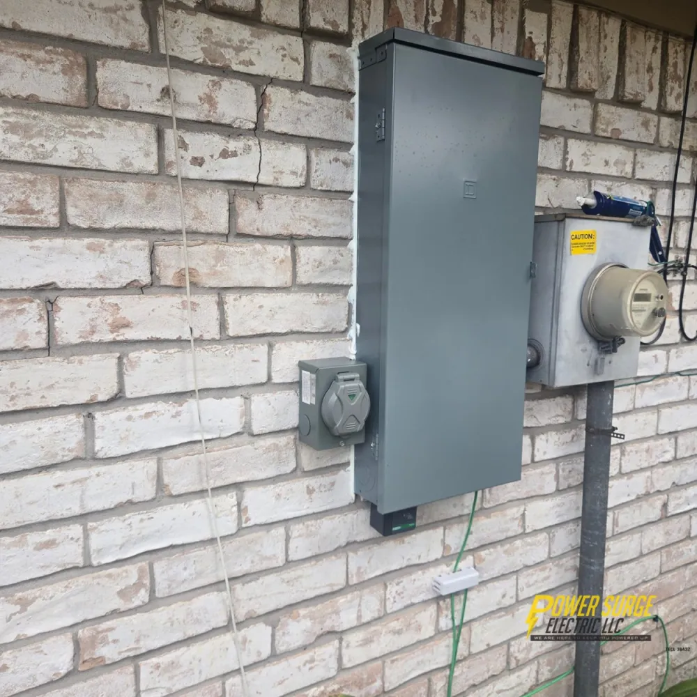 Gray outdoor electrical panel installed beside utility meter on light brick wall.