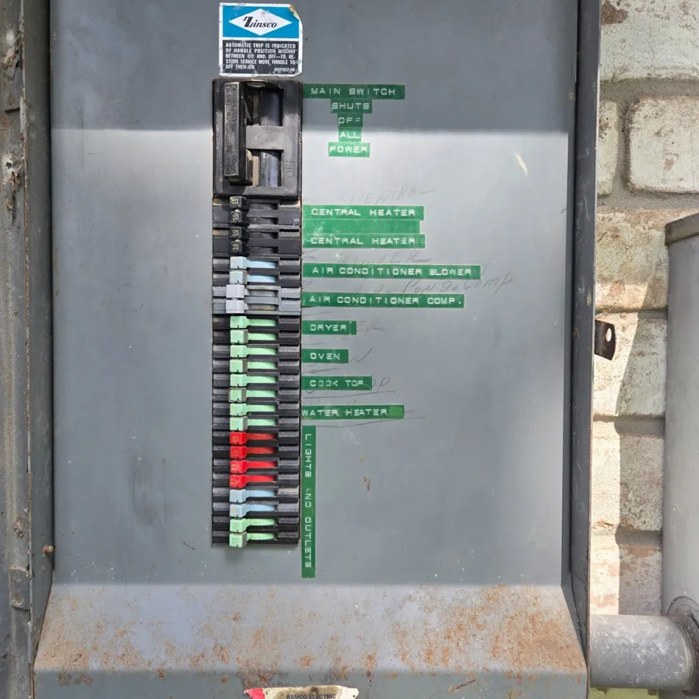 Older Zinsco electrical panel with aged breakers and labeling.